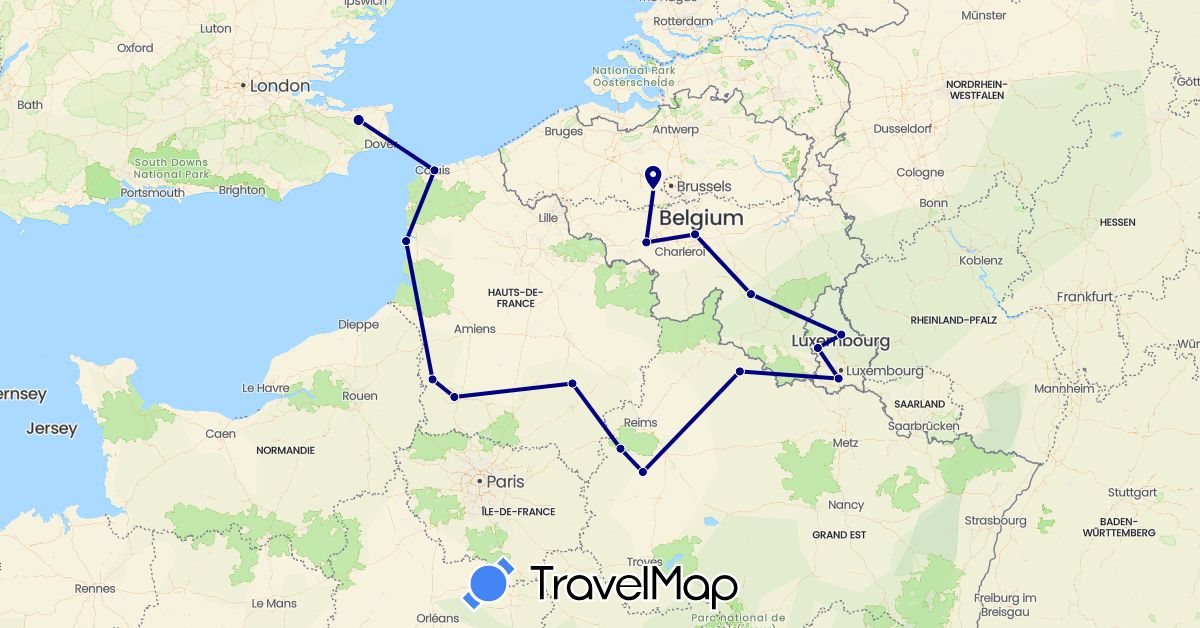 TravelMap itinerary: driving in Belgium, France, United Kingdom, Luxembourg (Europe)